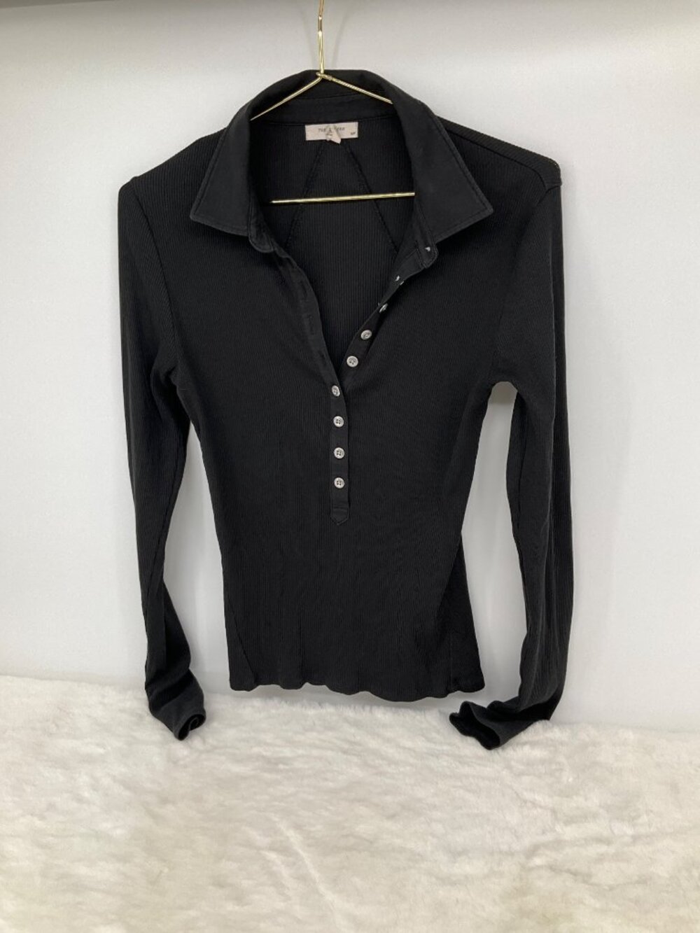 Rag & Bone size Small Essential Black Ribbed Long-Sleeve Button-Front Polo Top - Picture 3 of 5